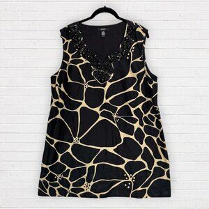 ALFANI Sleeveless Black Tan Big Floral Animal Print Beaded Neckline Dress 16